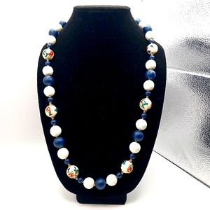 CLOISONNE Vintage Japan necklace navy white goldtone hand-painted